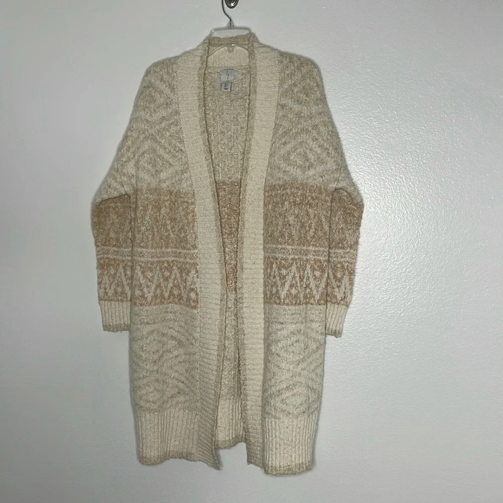Joie Cardigan Open Front Longline Nordic Knit Beige Size Large
